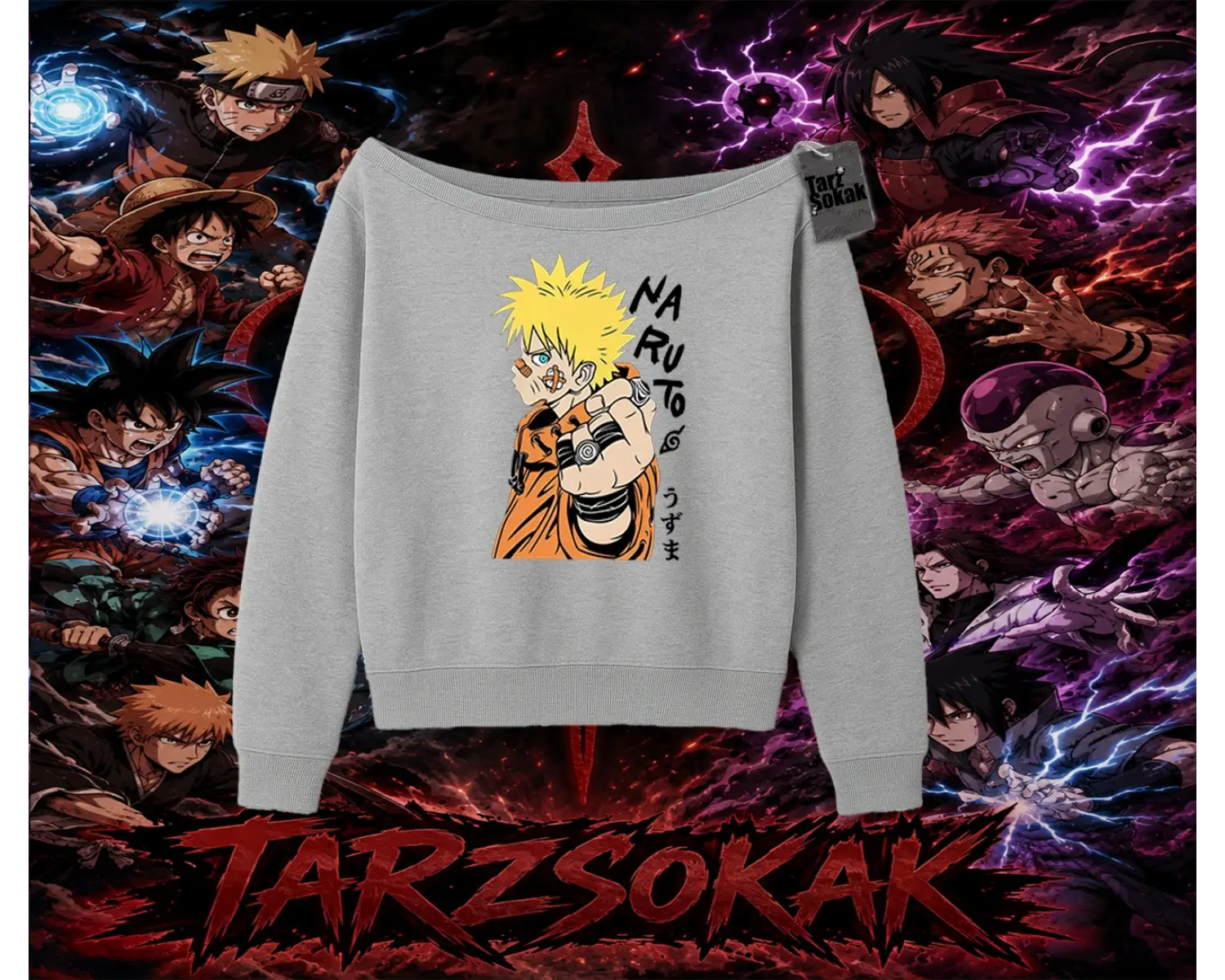 Naruto Uzumaki Premium Anime Kadın Kayık Yaka Sweatshirt Beyaz