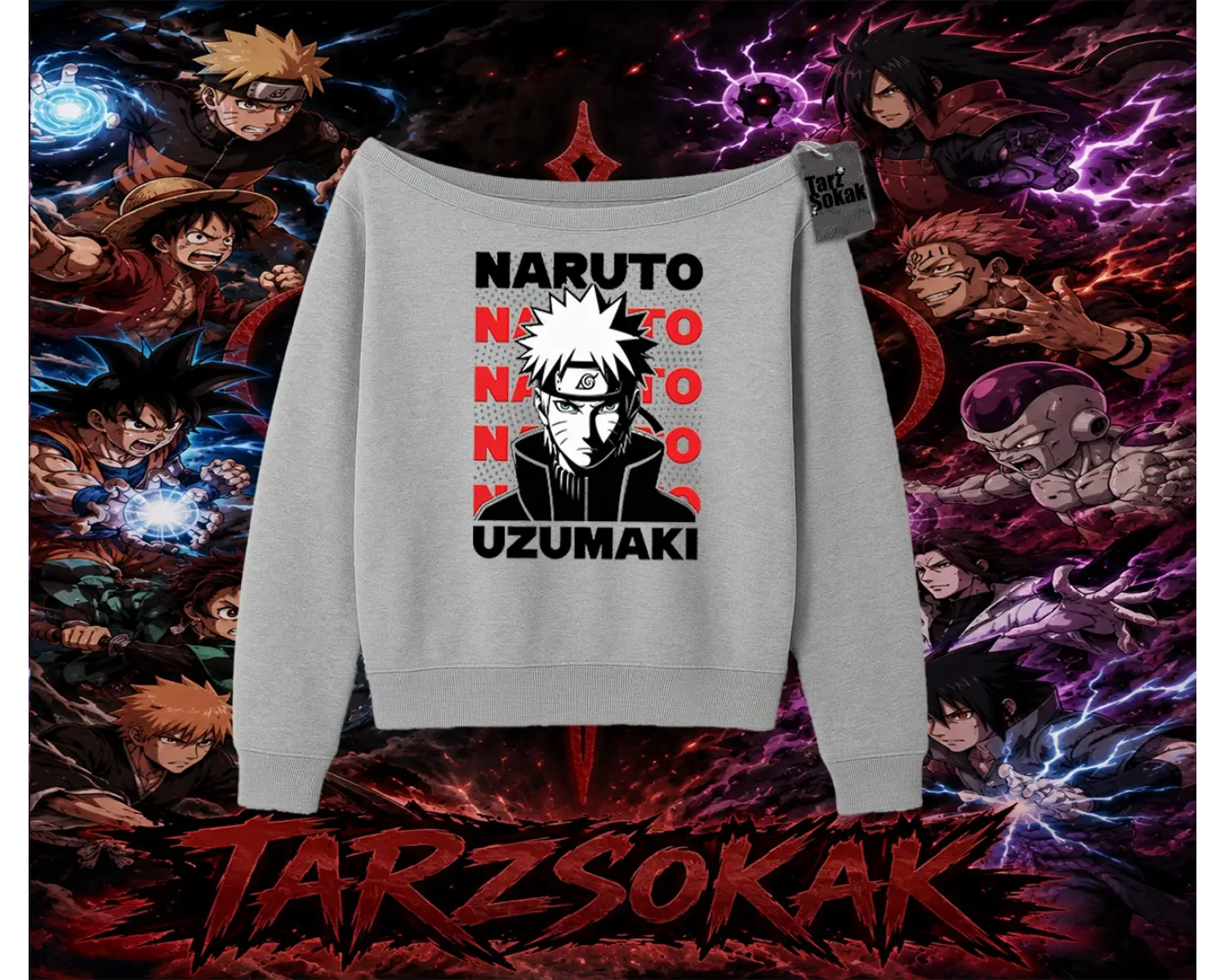 Naruto Uzumaki Premium Anime Kadın Kayık Yaka Sweatshirt Beyaz