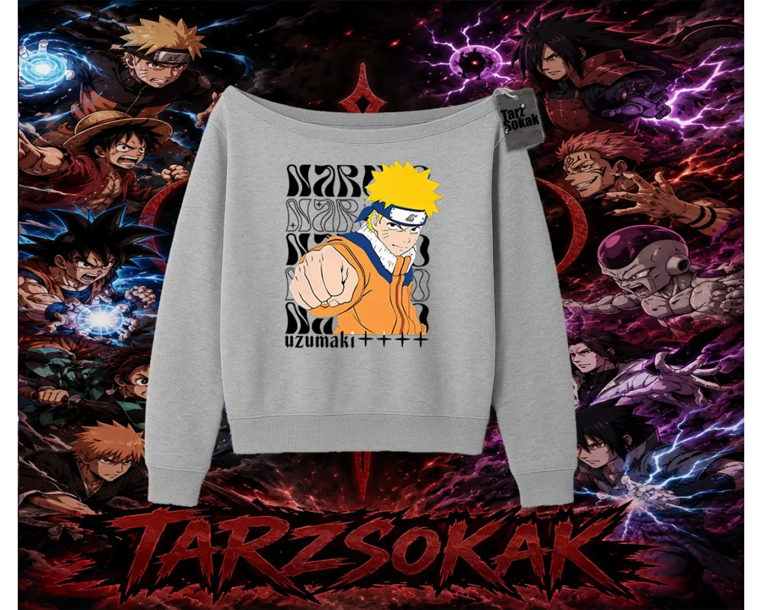 Naruto Uzumaki Premium Anime Kadın Kayık Yaka Sweatshirt Beyaz
