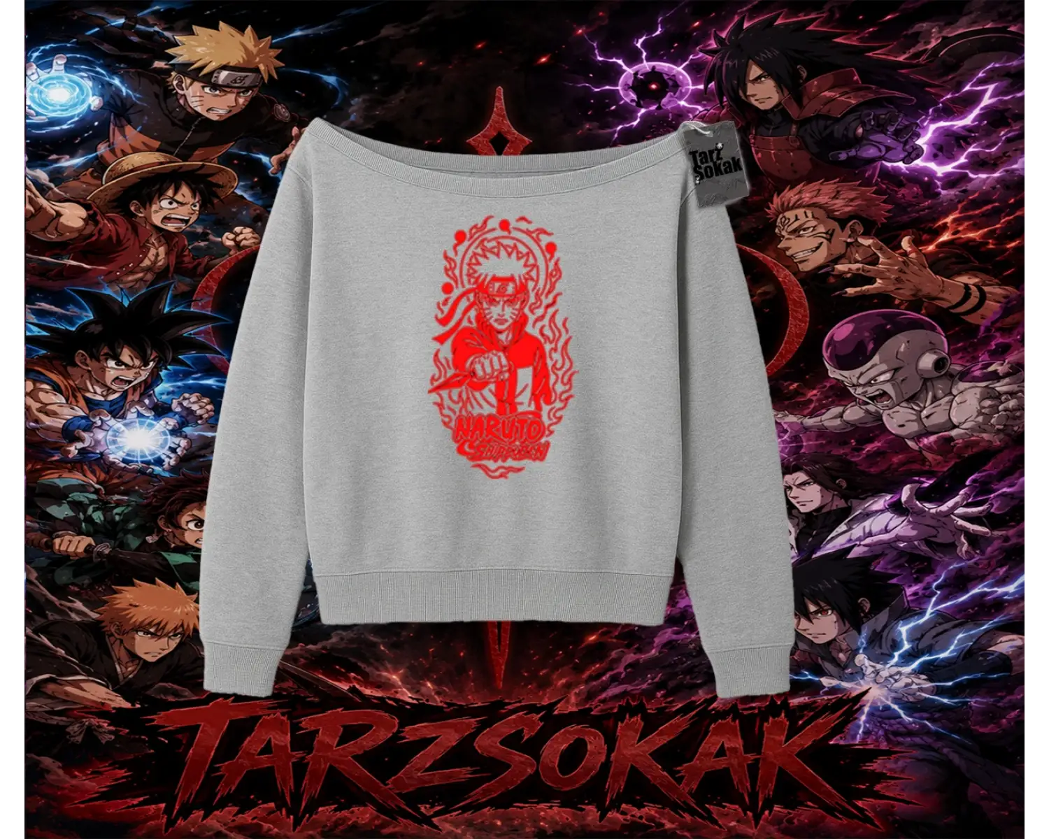 Naruto Uzumaki Premium Anime Kadın Kayık Yaka Sweatshirt Beyaz