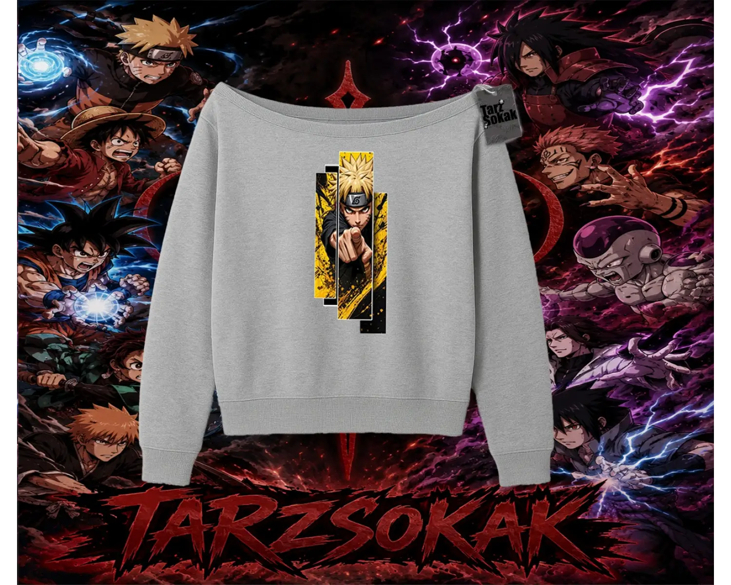 Naruto Uzumaki Premium Anime Kadın Kayık Yaka Sweatshirt Beyaz