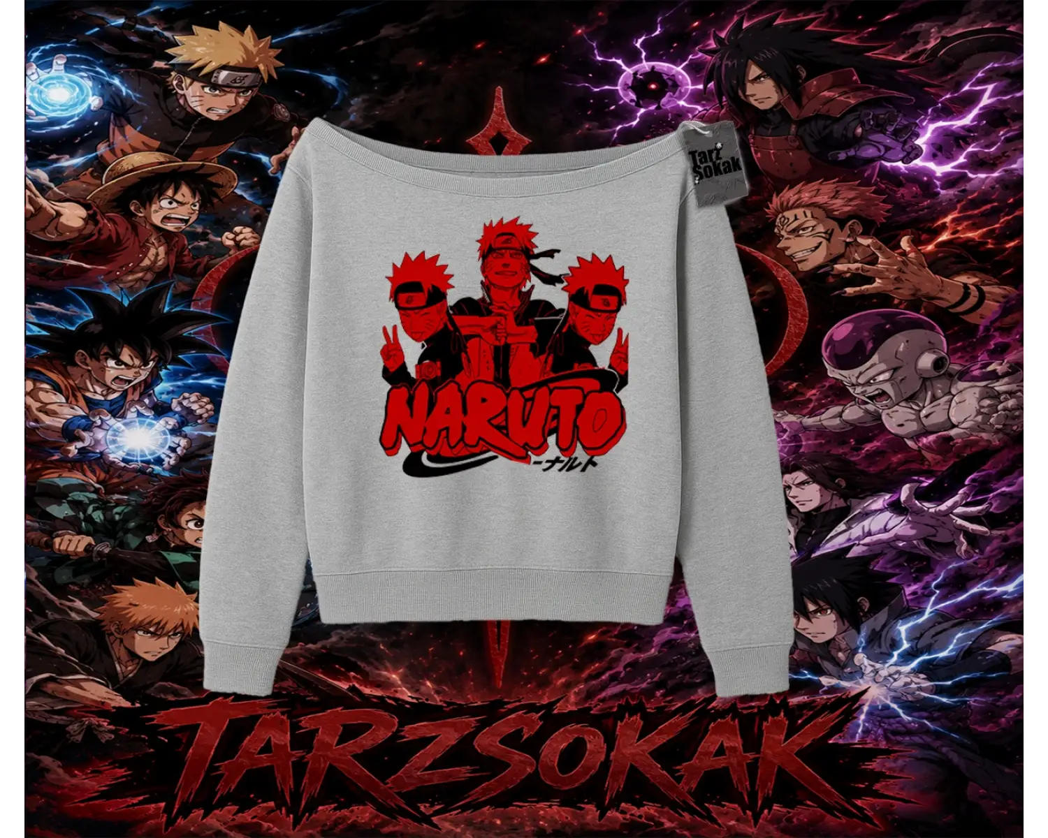 Naruto Uzumaki Premium Anime Kadın Kayık Yaka Sweatshirt Beyaz