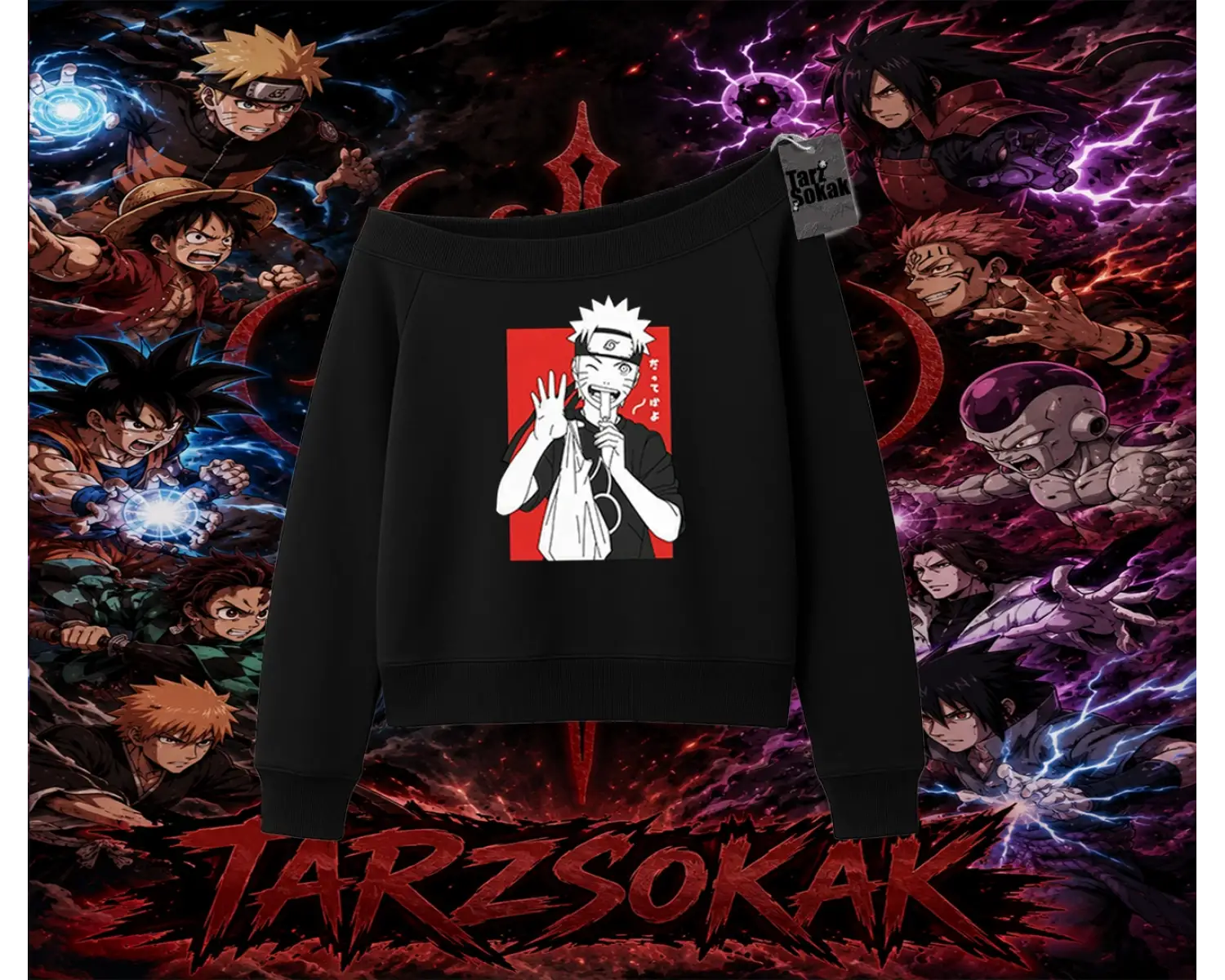 Naruto Uzumaki Premium Anime Kadın Kayık Yaka Sweatshirt Beyaz