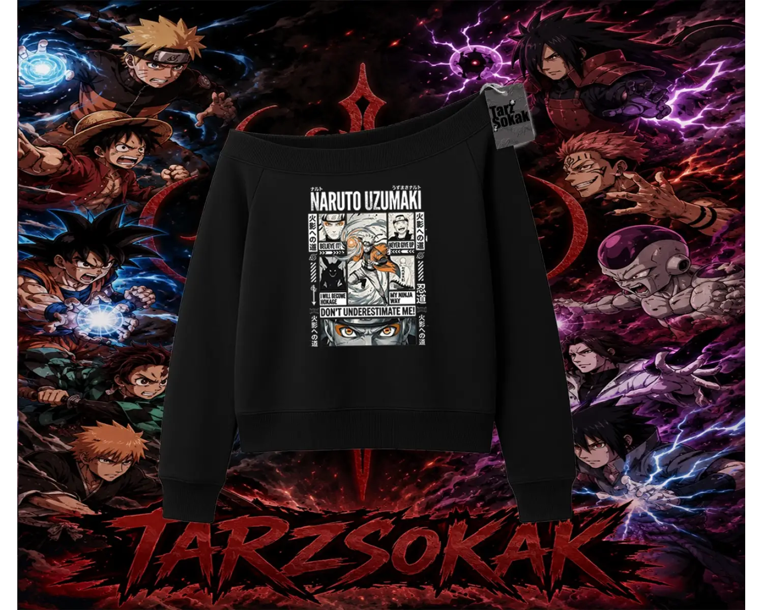 Naruto Uzumaki Premium Anime Kadın Kayık Yaka Sweatshirt Beyaz