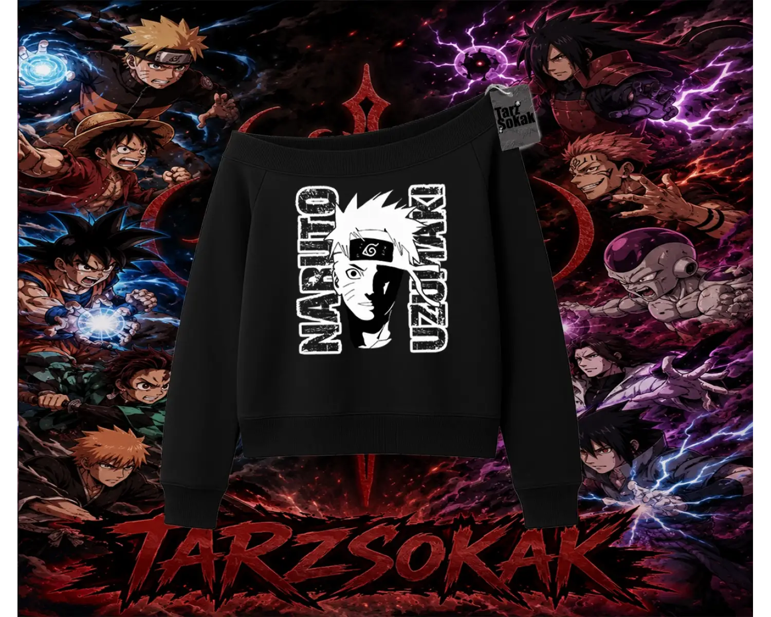 Naruto Uzumaki Premium Anime Kadın Kayık Yaka Sweatshirt Beyaz