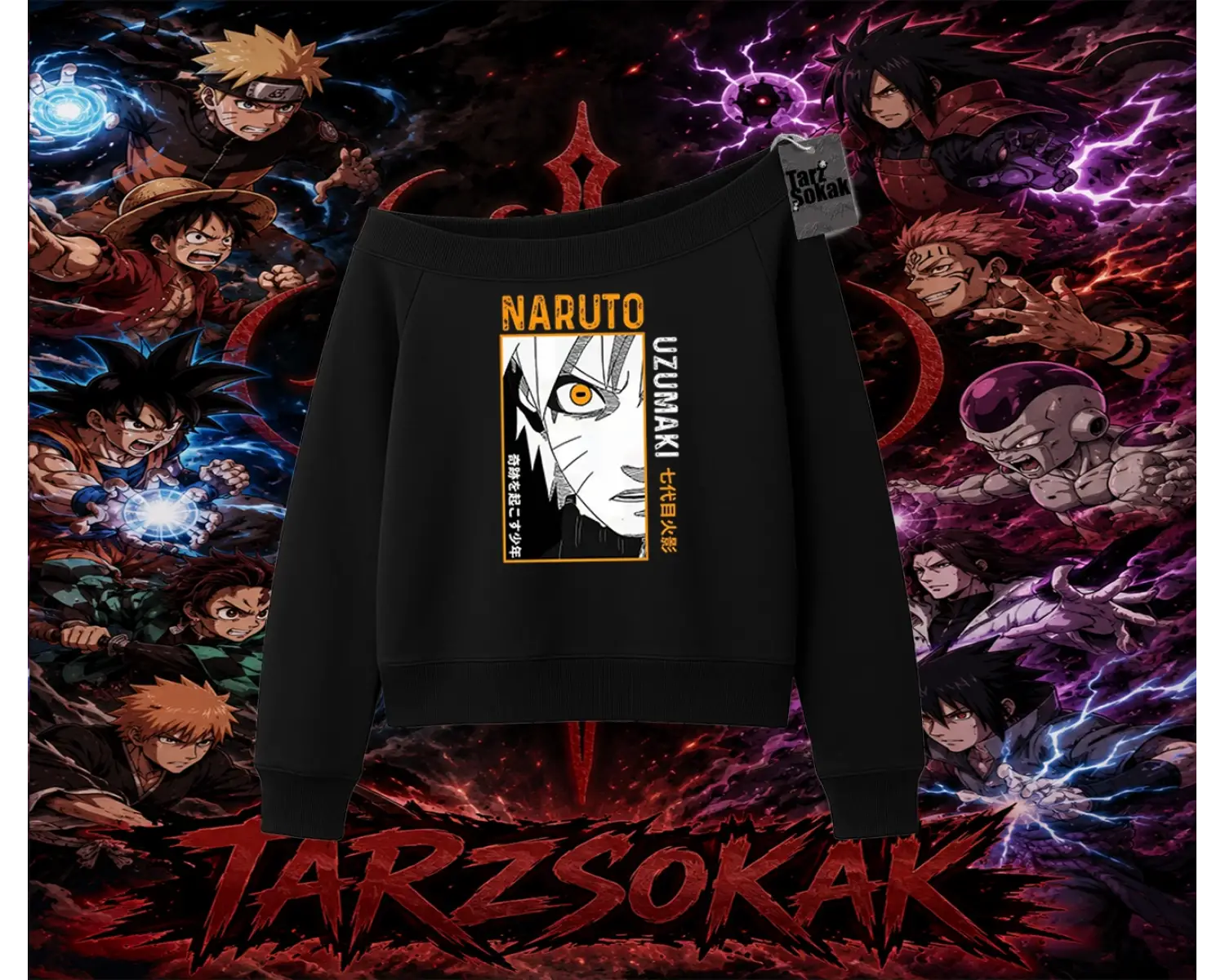 Naruto Uzumaki Premium Anime Kadın Kayık Yaka Sweatshirt Beyaz