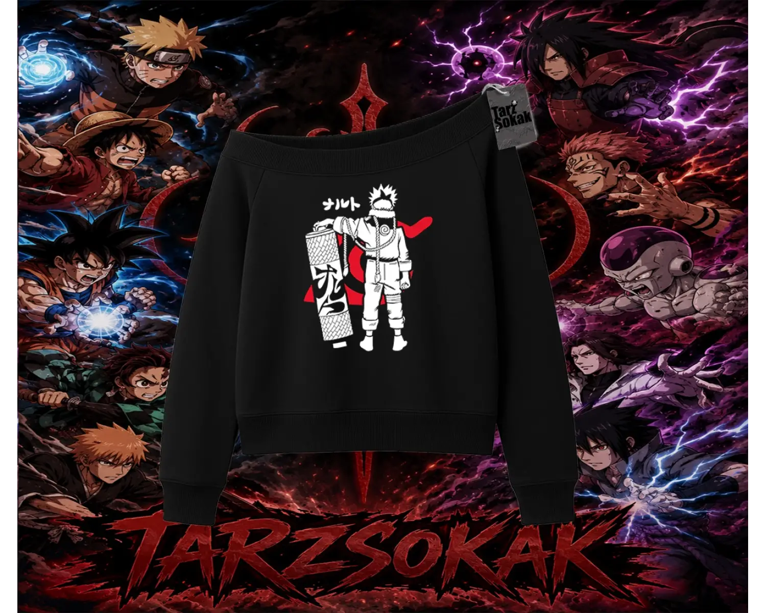 Naruto Uzumaki Premium Anime Kadın Kayık Yaka Sweatshirt Beyaz