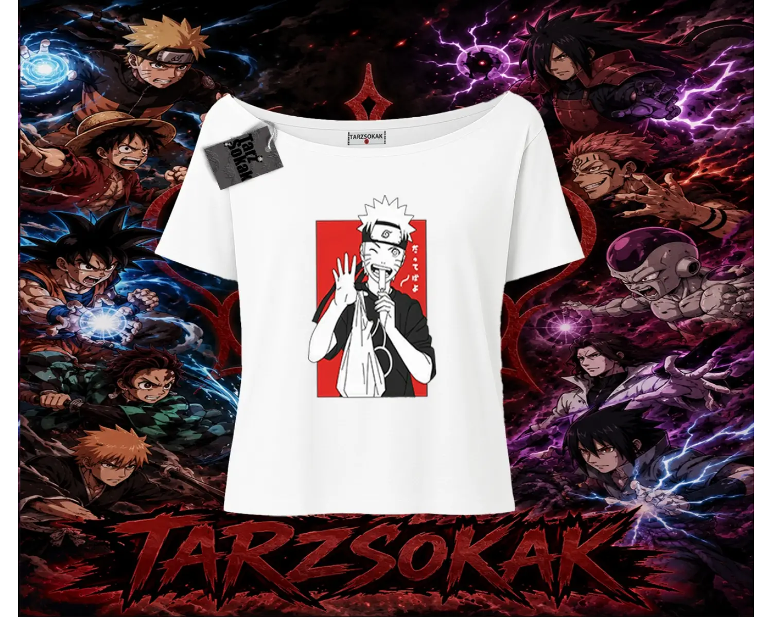 Naruto Uzumaki Premium Anime Kadın Kayık Yaka Tişört Beyaz