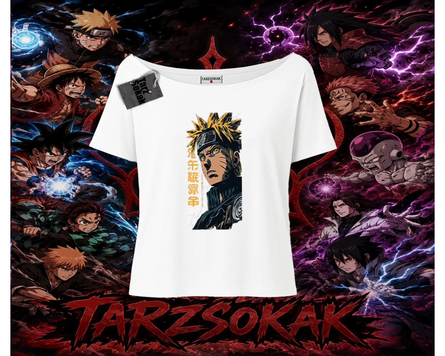Naruto Uzumaki Premium Anime Kadın Kayık Yaka Tişört Beyaz