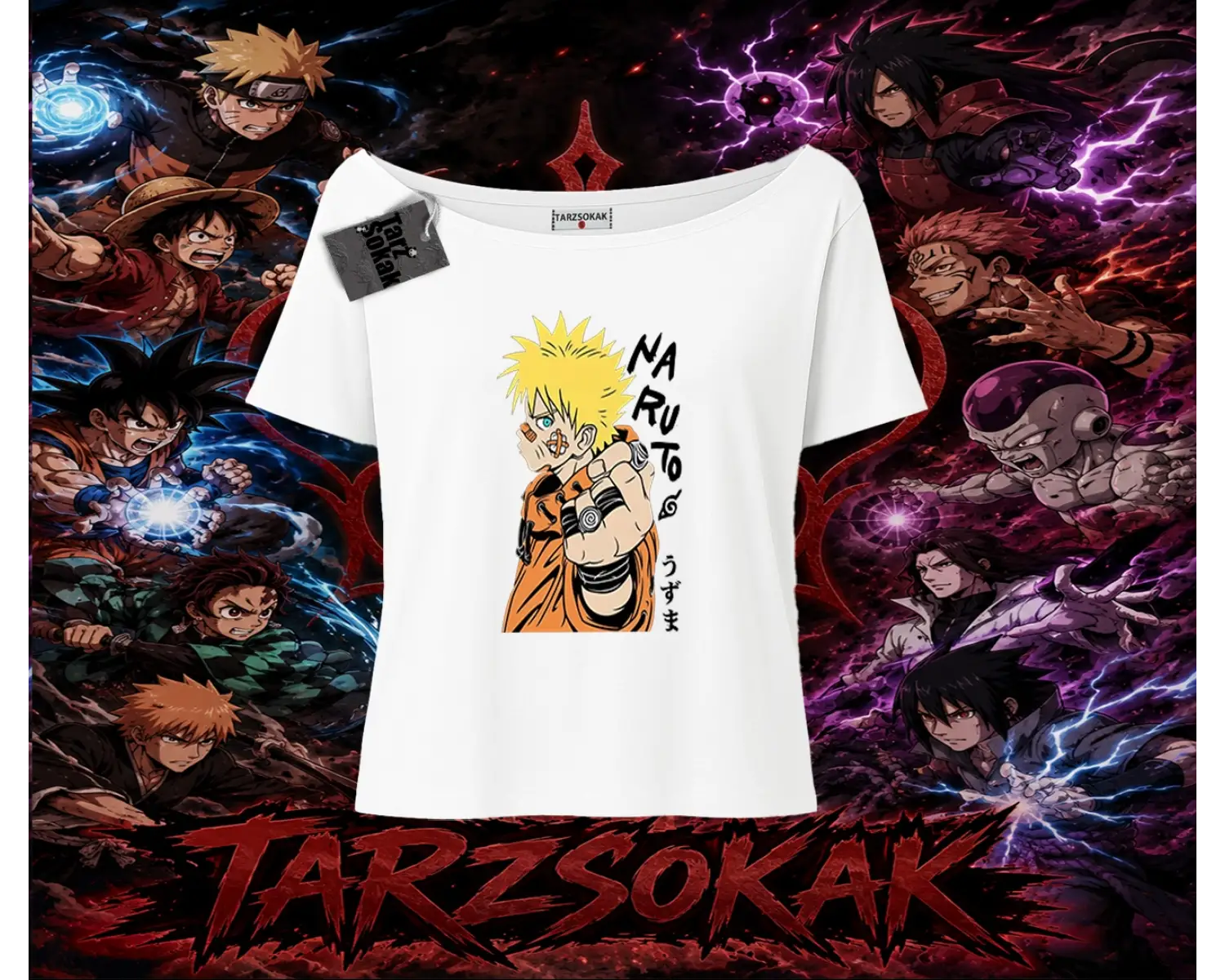 Naruto Uzumaki Premium Anime Kadın Kayık Yaka Tişört Beyaz