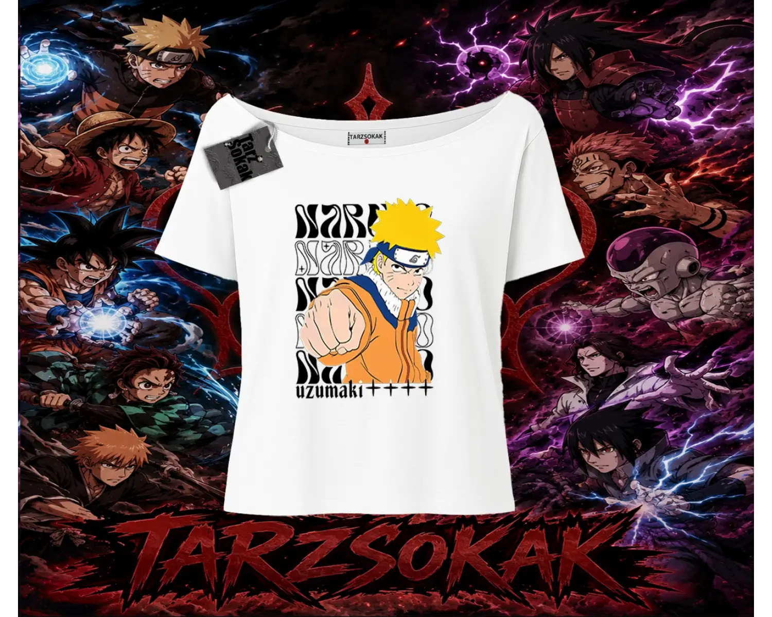 Naruto Uzumaki Premium Anime Kadın Kayık Yaka Tişört Beyaz