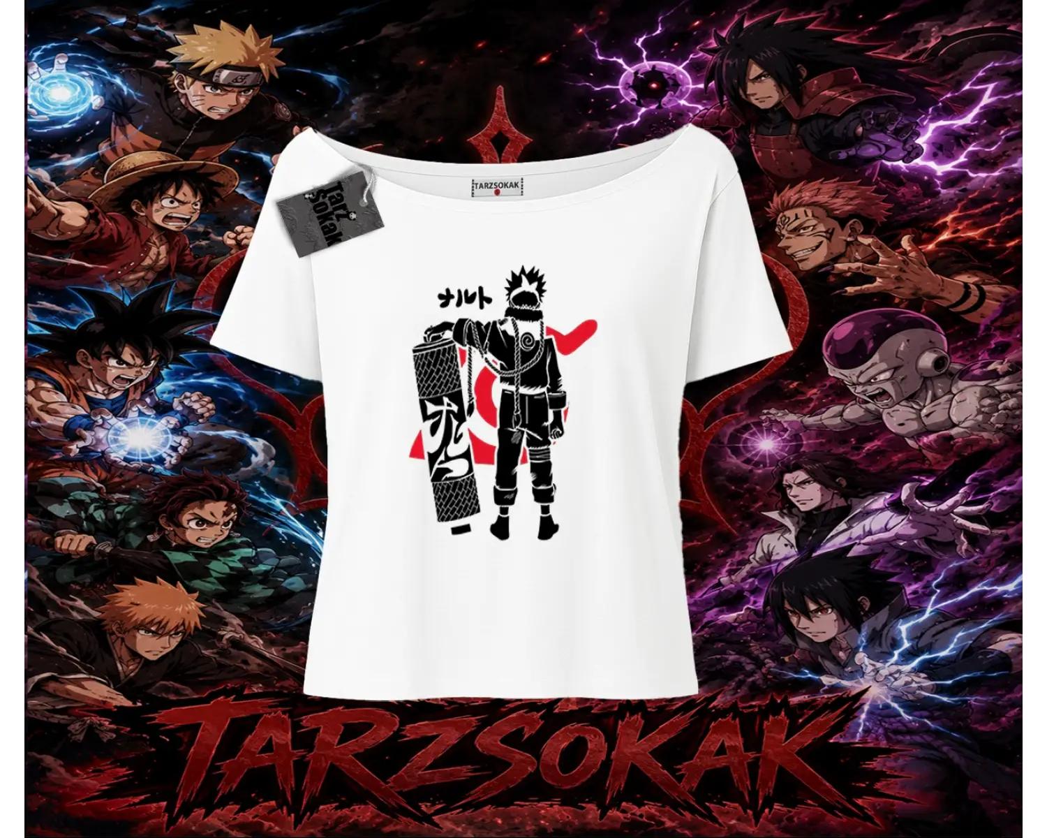 Naruto Uzumaki Premium Anime Kadın Kayık Yaka Tişört Beyaz