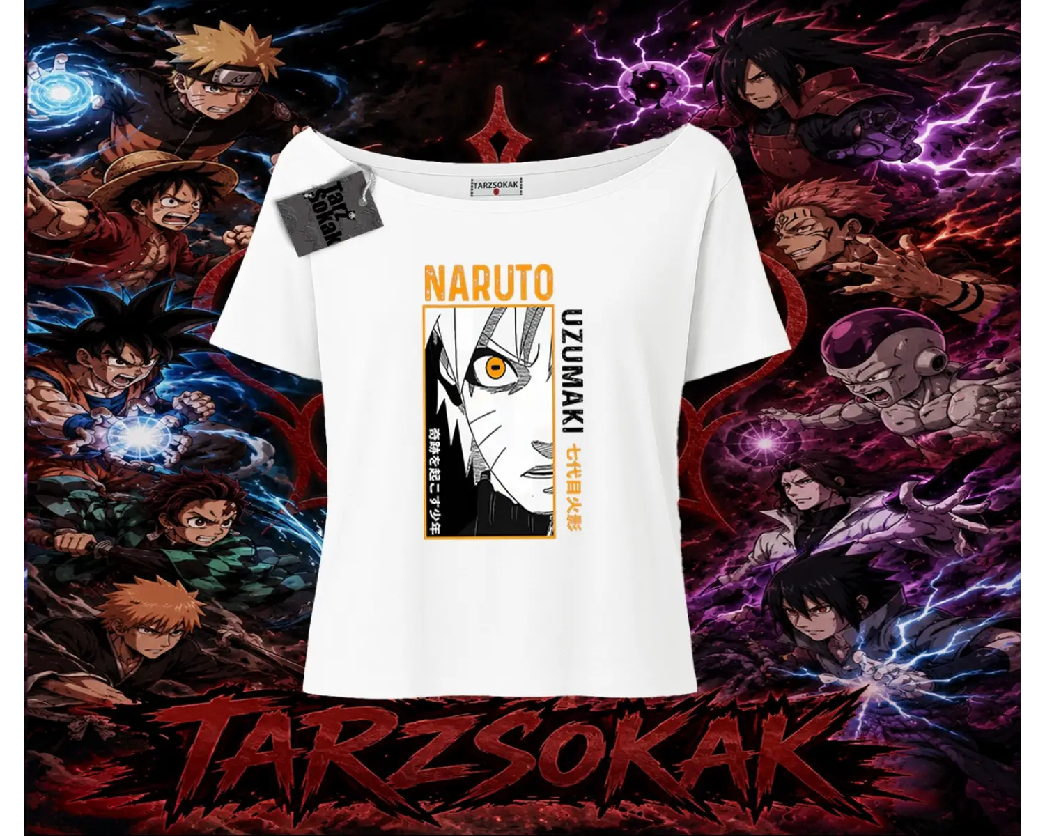 Naruto Uzumaki Premium Anime Kadın Kayık Yaka Tişört Beyaz