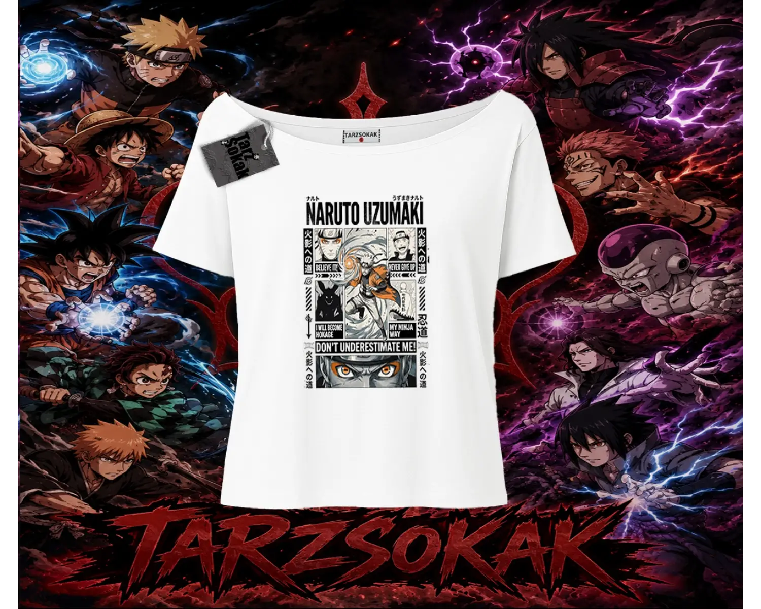 Naruto Uzumaki Premium Anime Kadın Kayık Yaka Tişört Beyaz