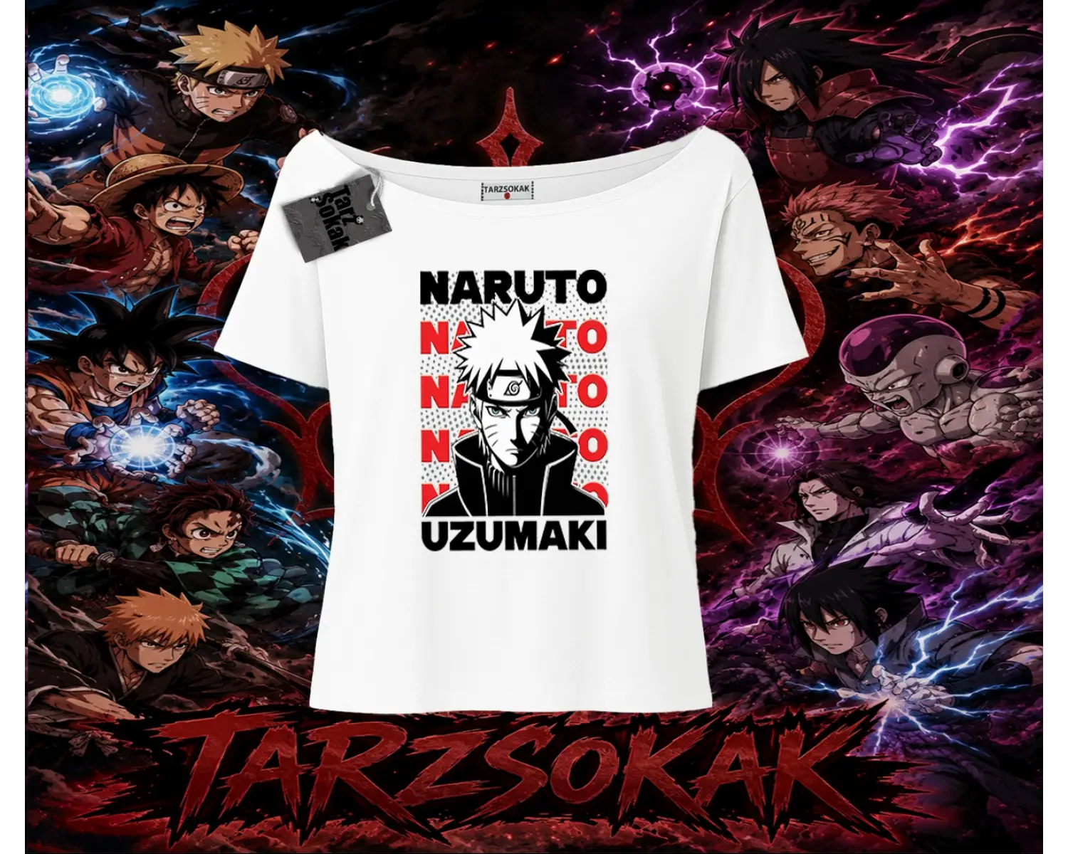 Naruto Uzumaki Premium Anime Kadın Kayık Yaka Tişört Beyaz