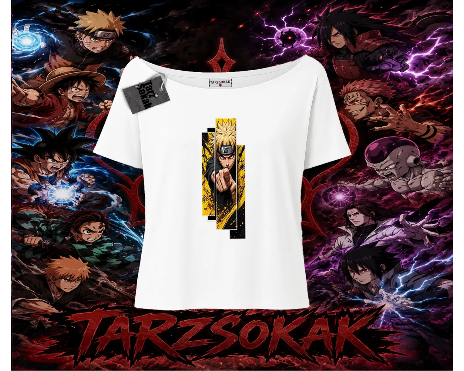 Naruto Uzumaki Premium Anime Kadın Kayık Yaka Tişört Beyaz