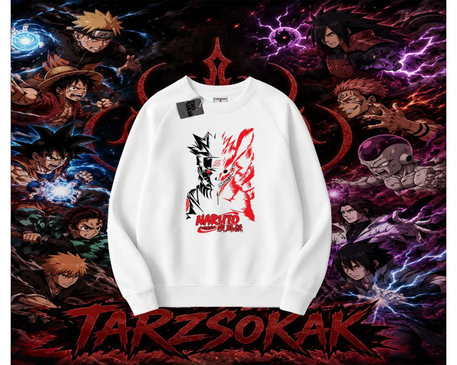 Naruto Uzumaki Premium Anime Oversize Unisex Bisiklet Yaka Sweatshirt Beyaz