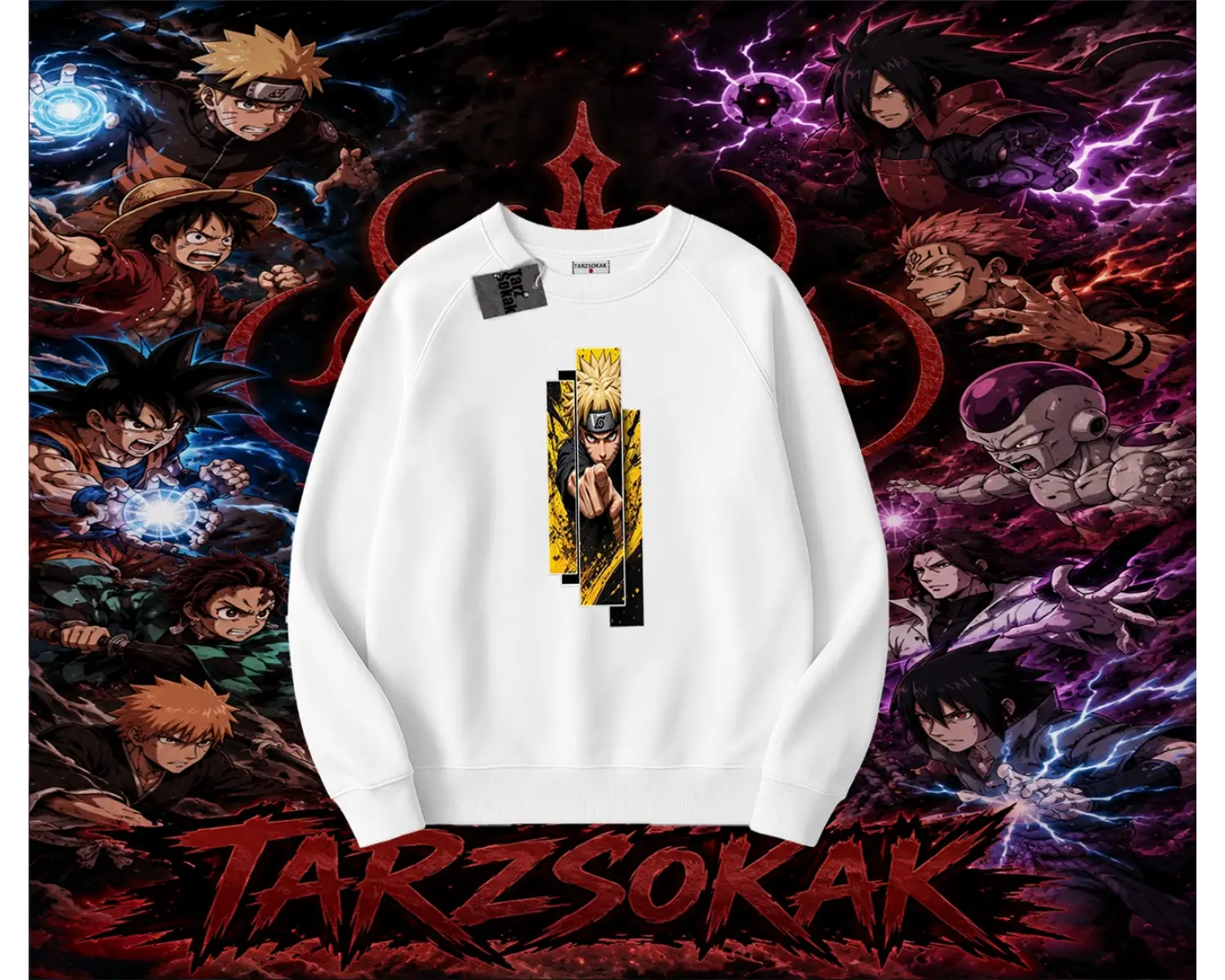 Naruto Uzumaki Premium Anime Oversize Unisex Bisiklet Yaka Sweatshirt Beyaz