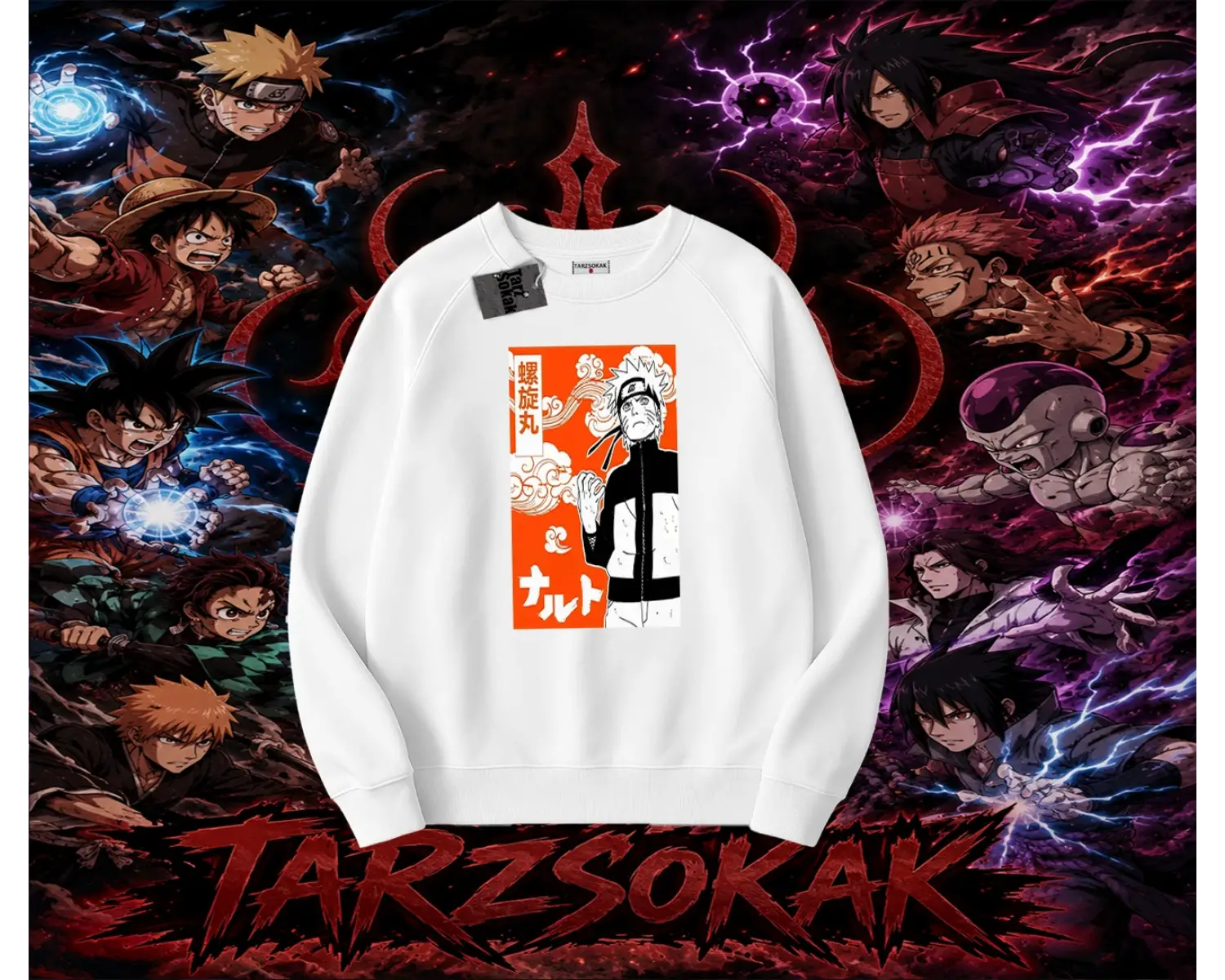 Naruto Uzumaki Premium Anime Oversize Unisex Bisiklet Yaka Sweatshirt Beyaz