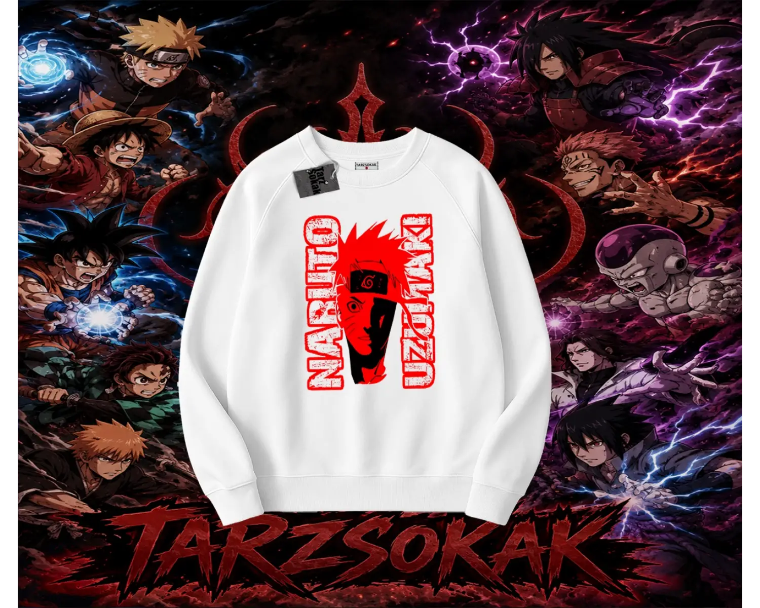 Naruto Uzumaki Premium Anime Oversize Unisex Bisiklet Yaka Sweatshirt Beyaz