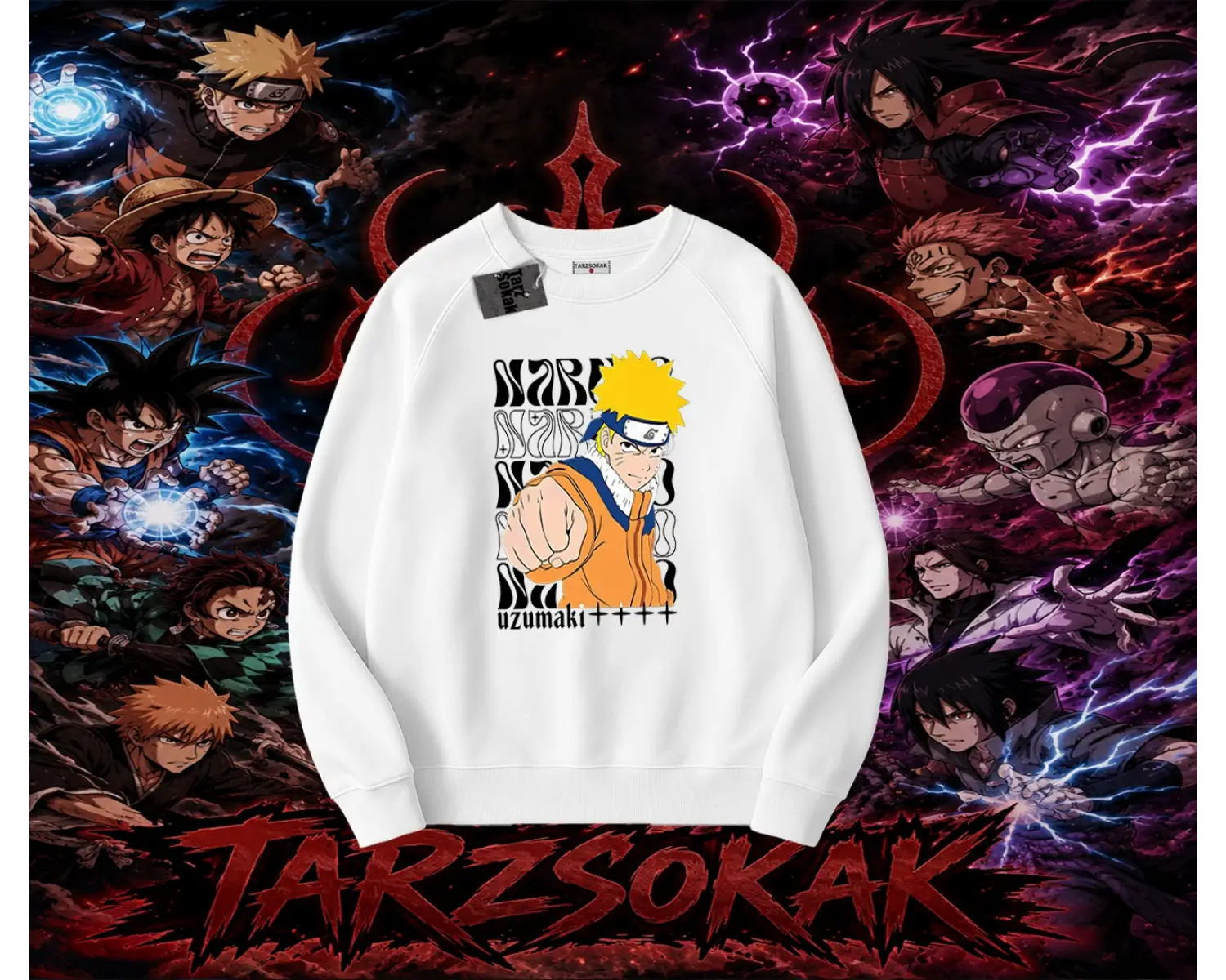 Naruto Uzumaki Premium Anime Oversize Unisex Bisiklet Yaka Sweatshirt Beyaz