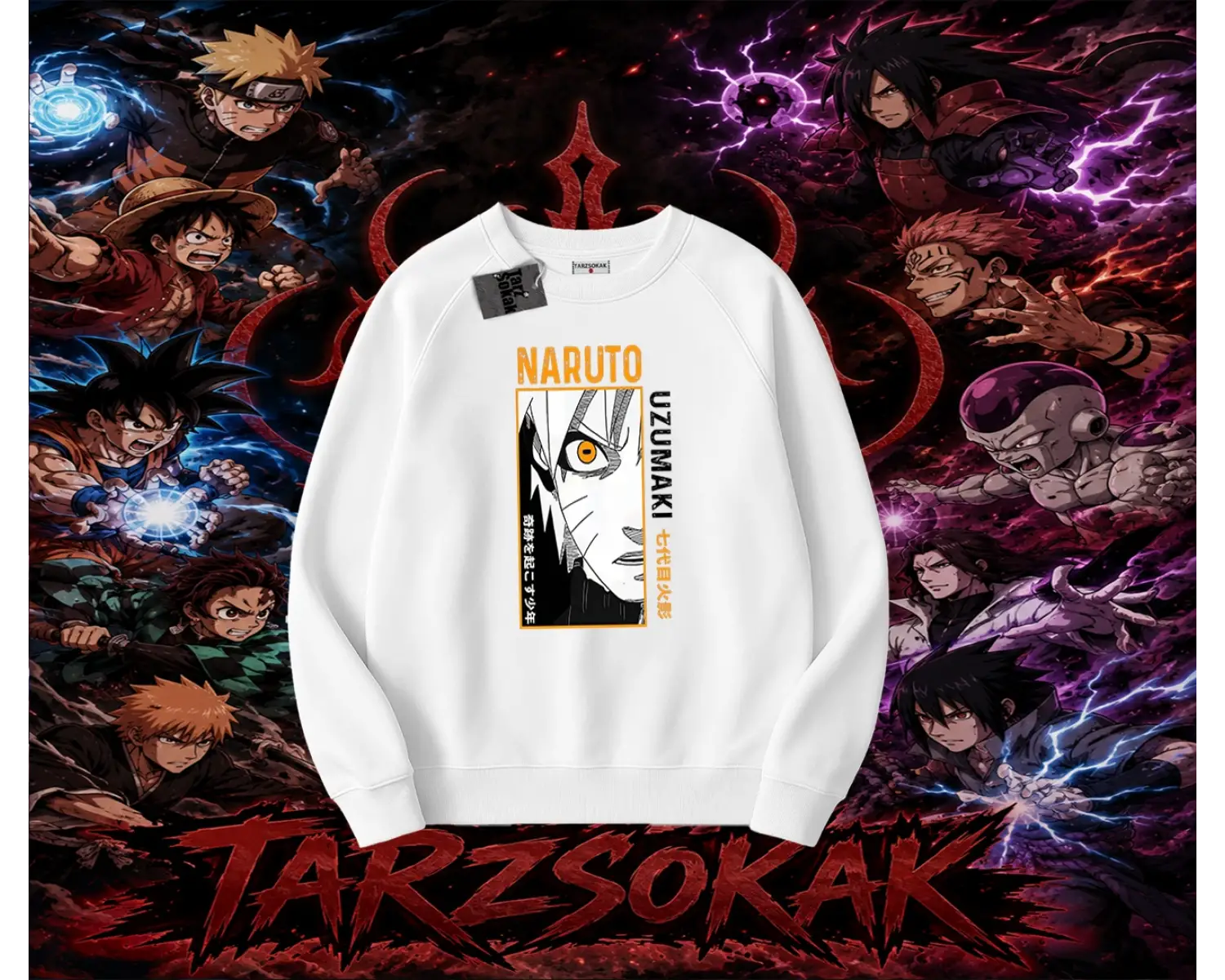 Naruto Uzumaki Premium Anime Oversize Unisex Bisiklet Yaka Sweatshirt Beyaz