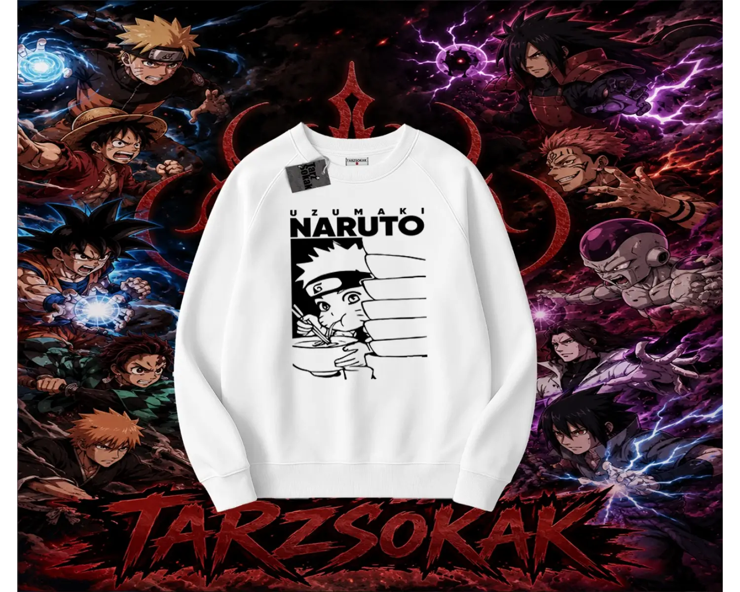 Naruto Uzumaki Premium Anime Oversize Unisex Bisiklet Yaka Sweatshirt Beyaz