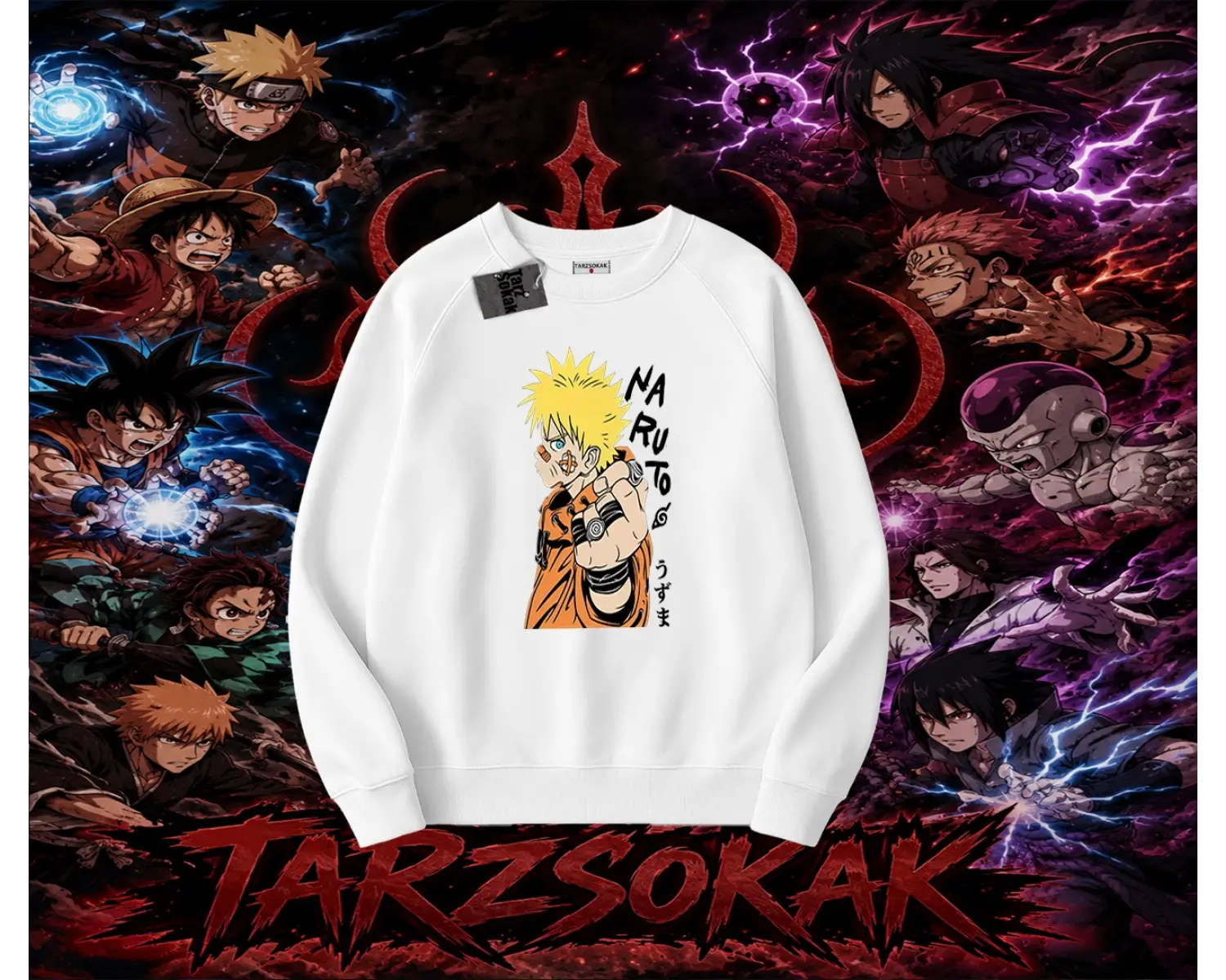 Naruto Uzumaki Premium Anime Oversize Unisex Bisiklet Yaka Sweatshirt Beyaz