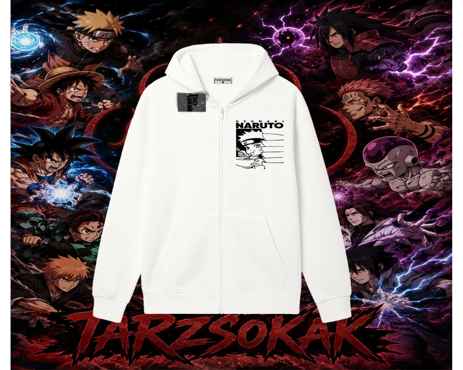 Naruto Uzumaki Premium Anime Oversize Unisex Hırka & Çeket Fermuarlı Sweatshirt Beyaz