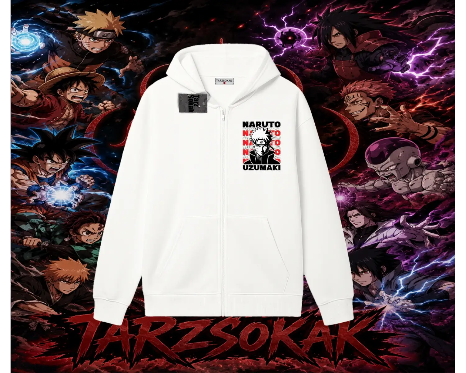Naruto Uzumaki Premium Anime Oversize Unisex Hırka & Çeket Fermuarlı Sweatshirt Beyaz