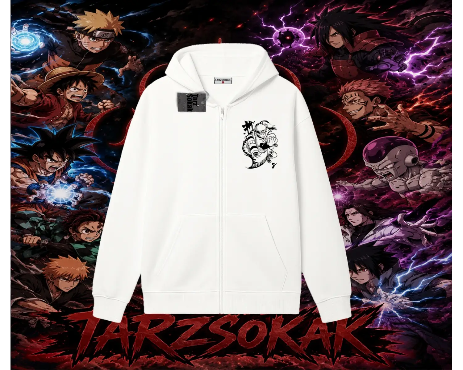 Naruto Uzumaki Premium Anime Oversize Unisex Hırka & Çeket Fermuarlı Sweatshirt Beyaz