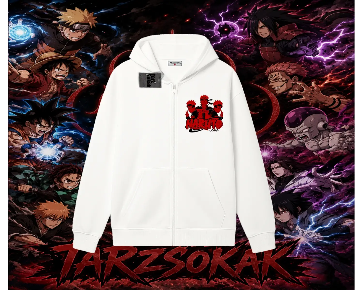 Naruto Uzumaki Premium Anime Oversize Unisex Hırka & Çeket Fermuarlı Sweatshirt Beyaz