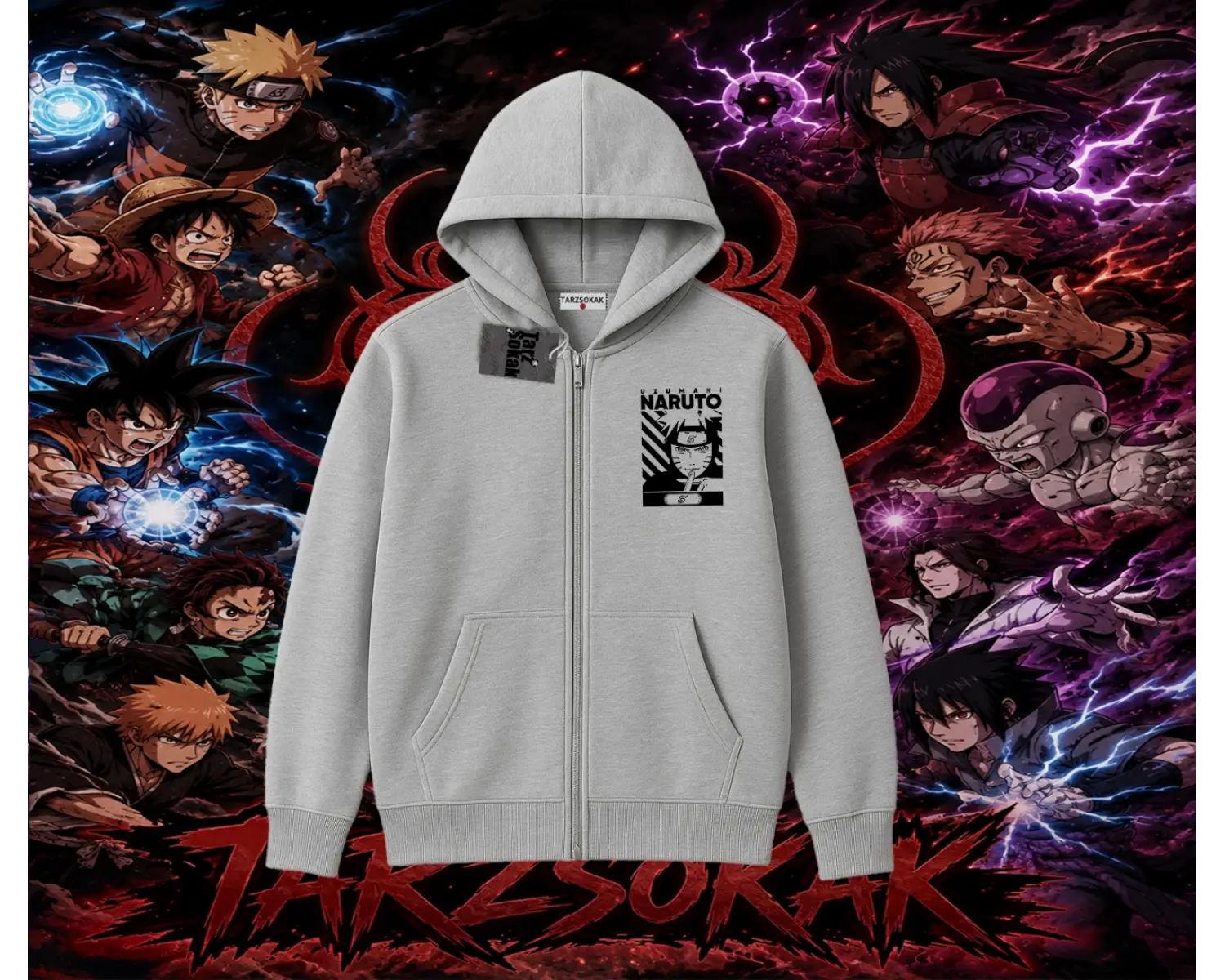 Naruto Uzumaki Premium Anime Oversize Unisex Hırka & Çeket Fermuarlı Sweatshirt Beyaz