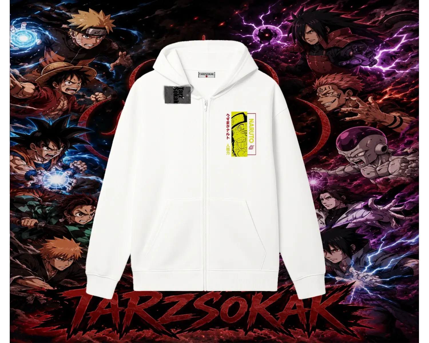 Naruto Uzumaki Premium Anime Oversize Unisex Hırka & Çeket Fermuarlı Sweatshirt Beyaz