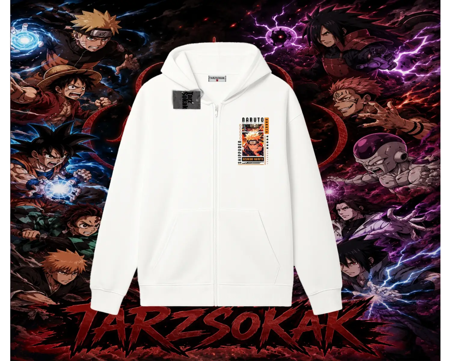 Naruto Uzumaki Premium Anime Oversize Unisex Hırka & Çeket Fermuarlı Sweatshirt Beyaz