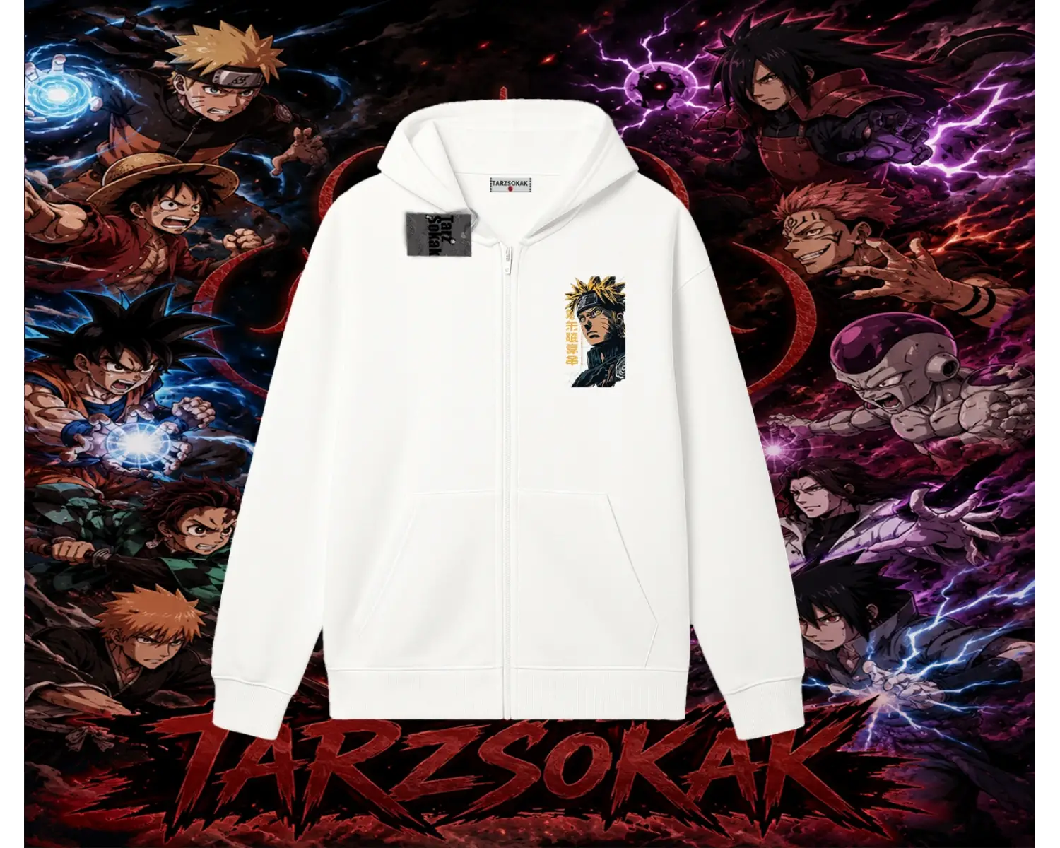Naruto Uzumaki Premium Anime Oversize Unisex Hırka & Çeket Fermuarlı Sweatshirt Beyaz