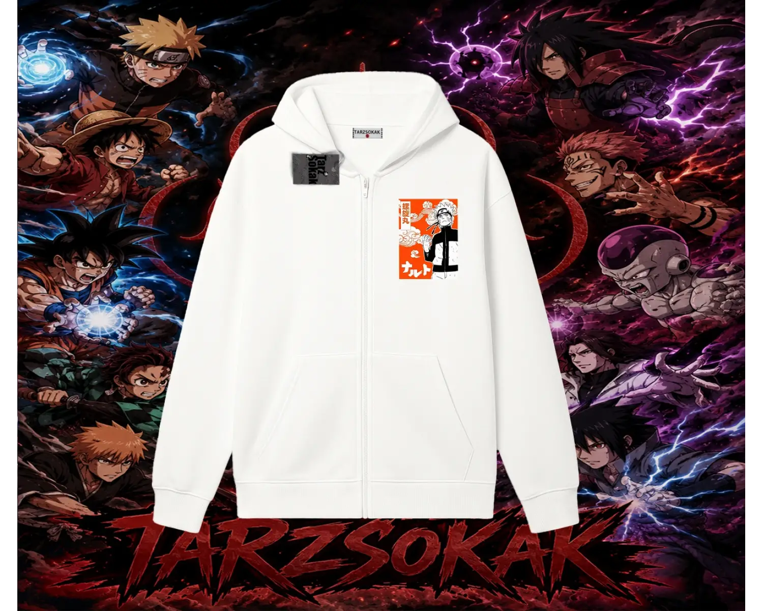 Naruto Uzumaki Premium Anime Oversize Unisex Hırka & Çeket Fermuarlı Sweatshirt Beyaz