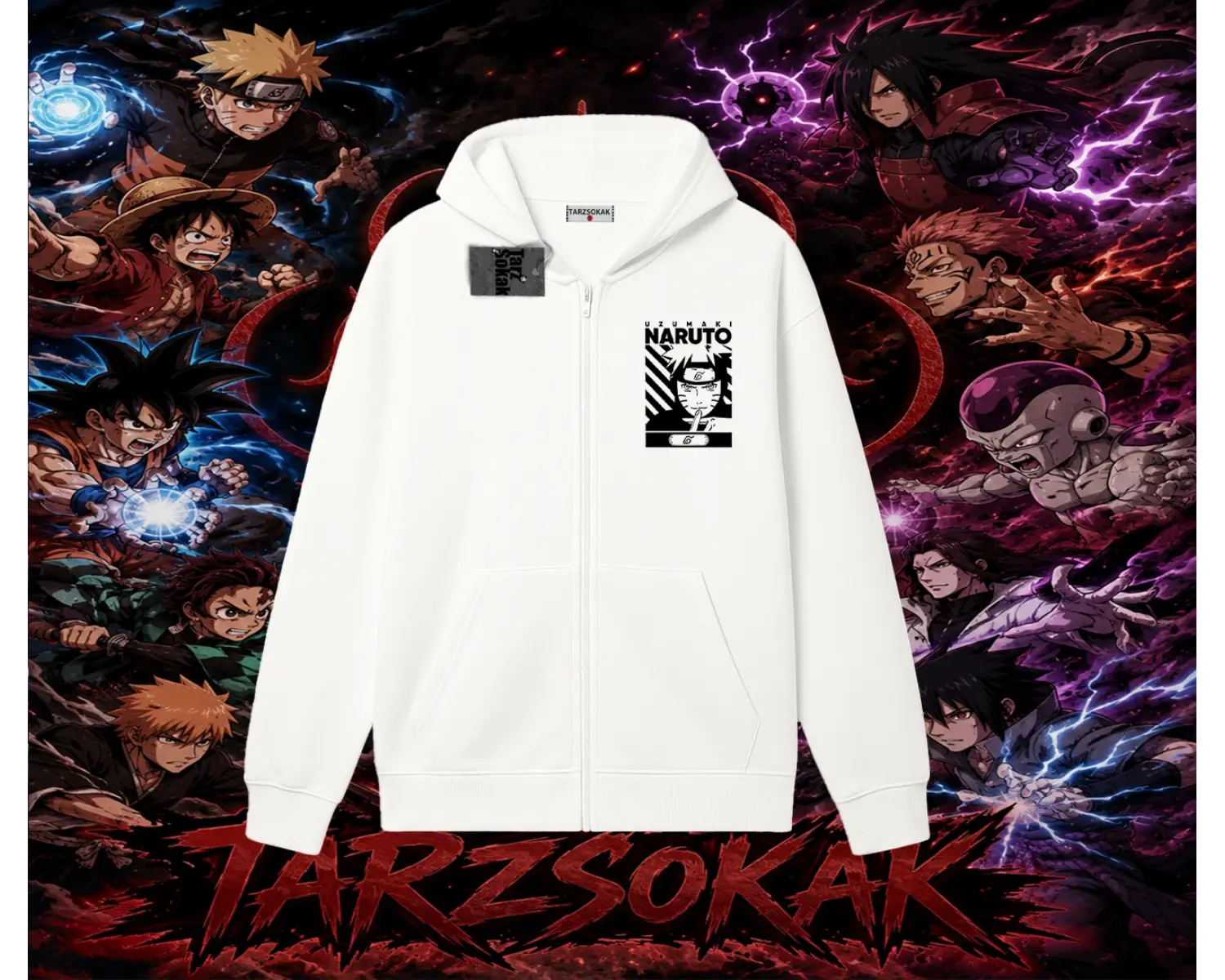 Naruto Uzumaki Premium Anime Oversize Unisex Hırka & Çeket Fermuarlı Sweatshirt Beyaz
