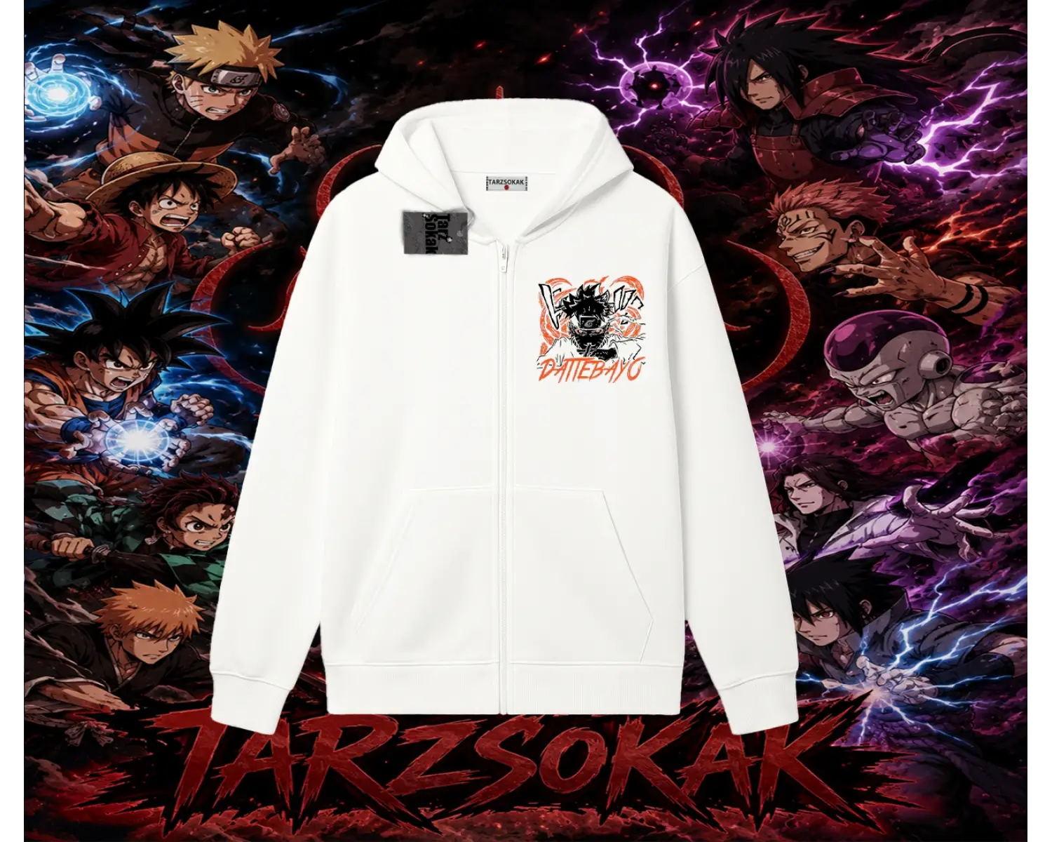 Naruto Uzumaki Premium Anime Oversize Unisex Hırka & Çeket Fermuarlı Sweatshirt Beyaz