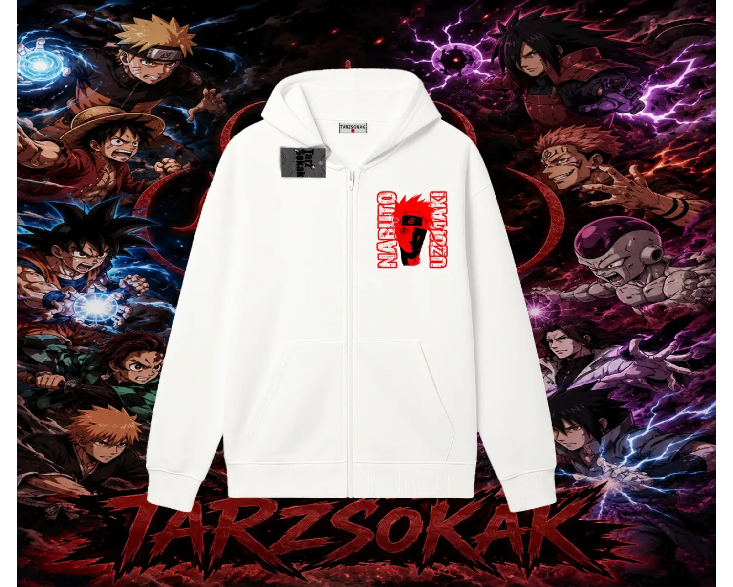 Naruto Uzumaki Premium Anime Oversize Unisex Hırka & Çeket Fermuarlı Sweatshirt Beyaz