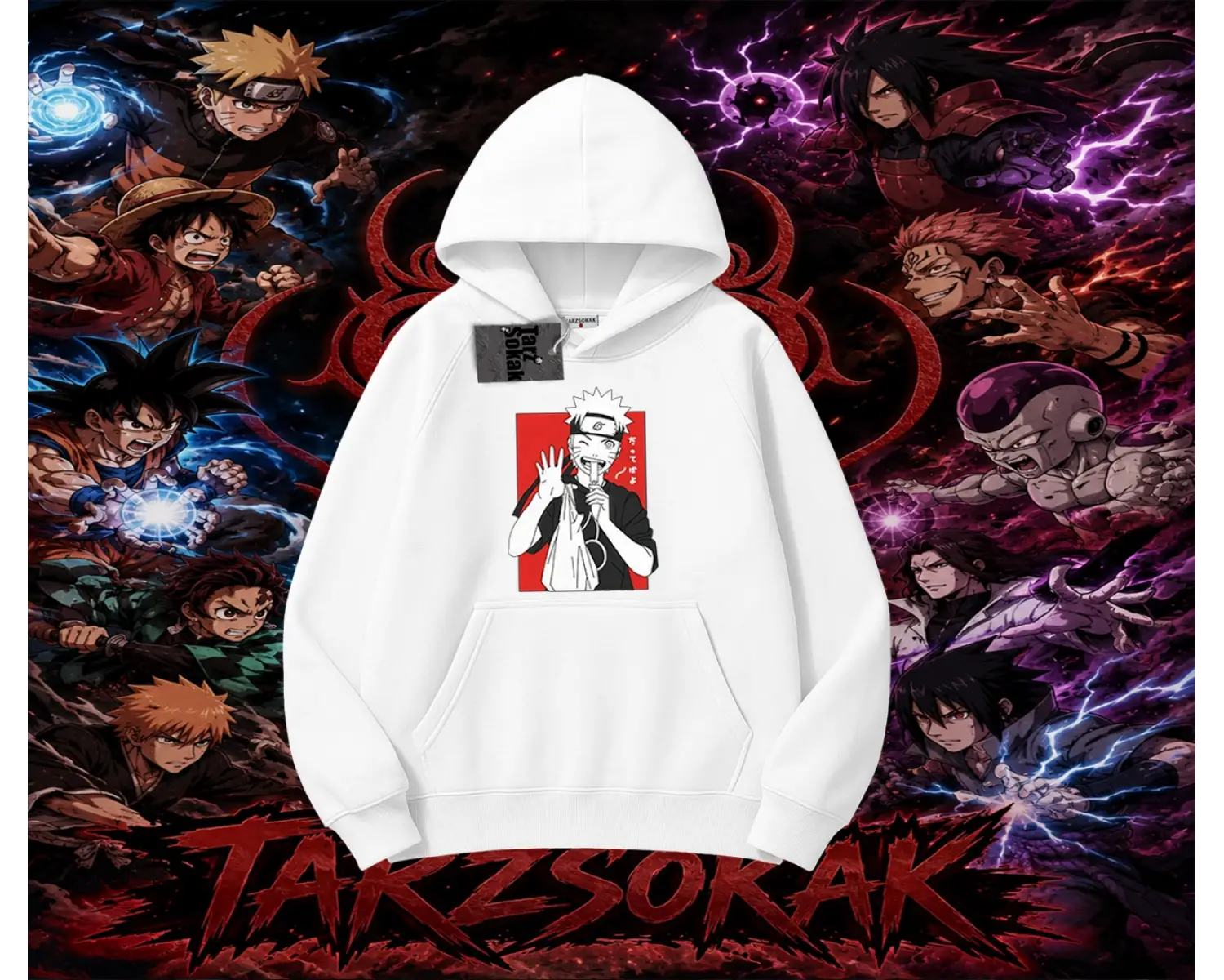 Naruto Uzumaki Premium Anime Oversize Unisex Kapşonlu Sweatshirt Beyaz
