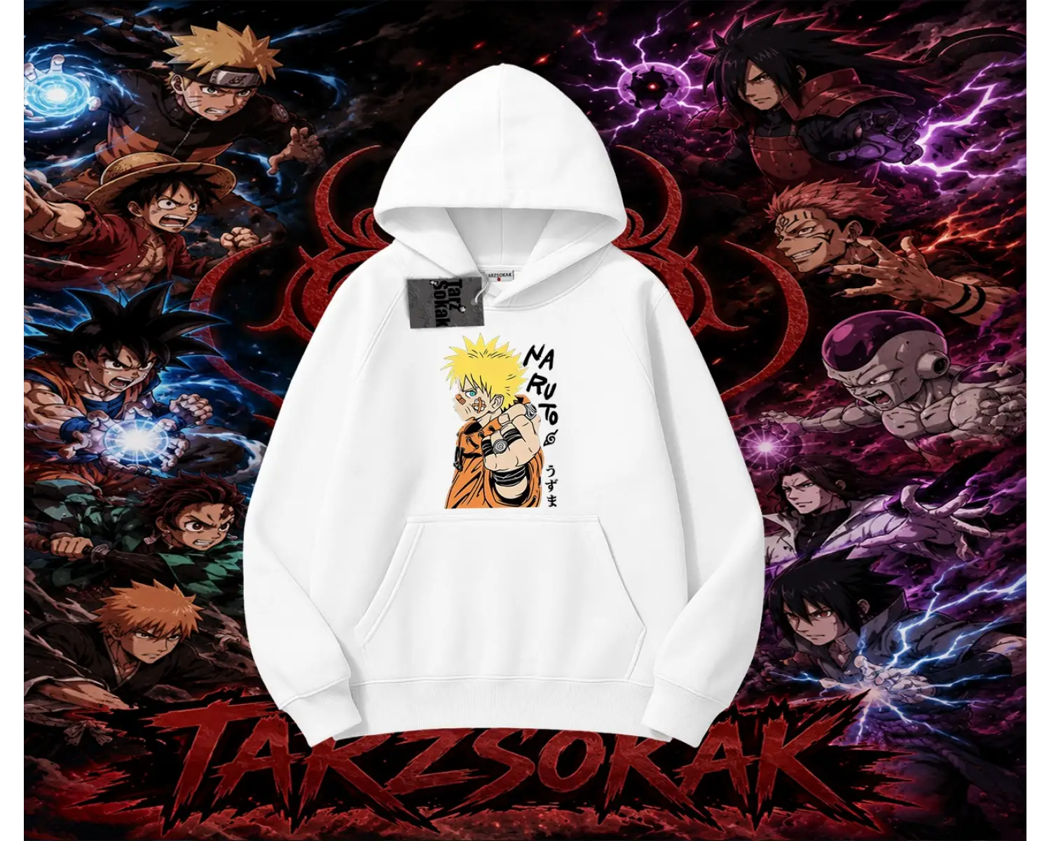 Naruto Uzumaki Premium Anime Oversize Unisex Kapşonlu Sweatshirt Beyaz