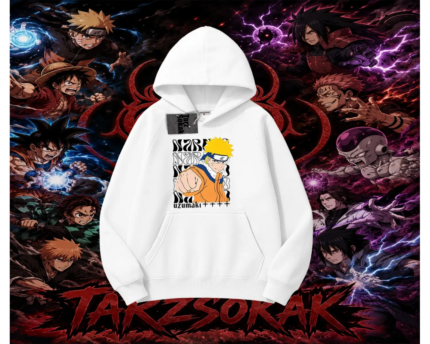 Naruto Uzumaki Premium Anime Oversize Unisex Kapşonlu Sweatshirt Beyaz