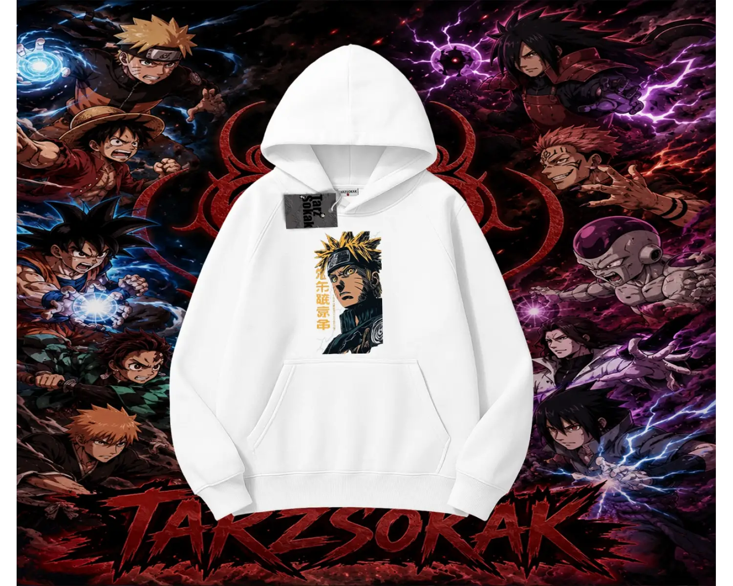 Naruto Uzumaki Premium Anime Oversize Unisex Kapşonlu Sweatshirt Beyaz
