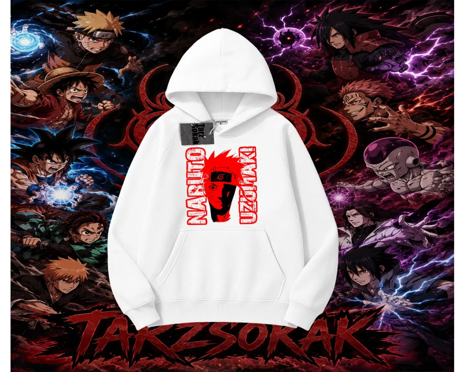 Naruto Uzumaki Premium Anime Oversize Unisex Kapşonlu Sweatshirt Beyaz