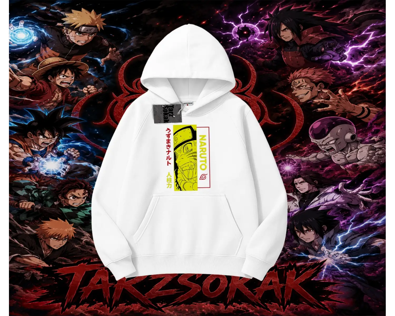 Naruto Uzumaki Premium Anime Oversize Unisex Kapşonlu Sweatshirt Beyaz