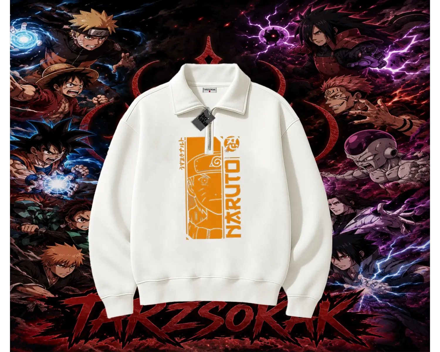 Naruto Uzumaki Premium Anime Unisex Polo Yaka Yarım Fermuarlı Sweatshirt Beyaz