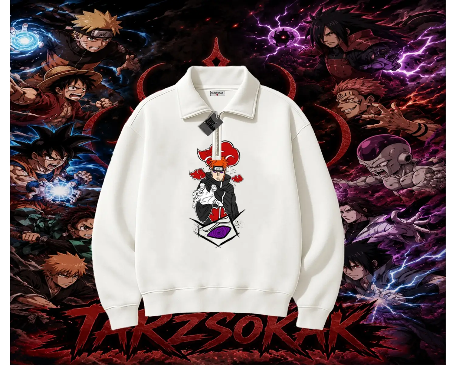 Naruto Uzumaki Premium Anime Unisex Polo Yaka Yarım Fermuarlı Sweatshirt Beyaz