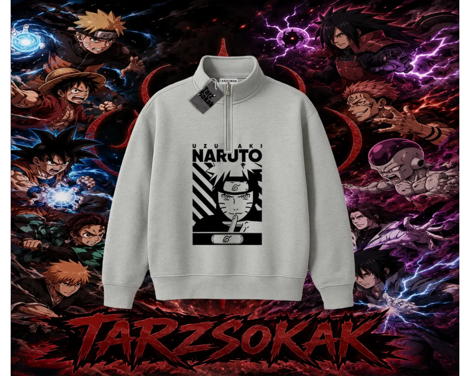 Naruto Uzumaki Premium Anime Unisex Polo Yaka Yarım Fermuarlı Sweatshirt Beyaz