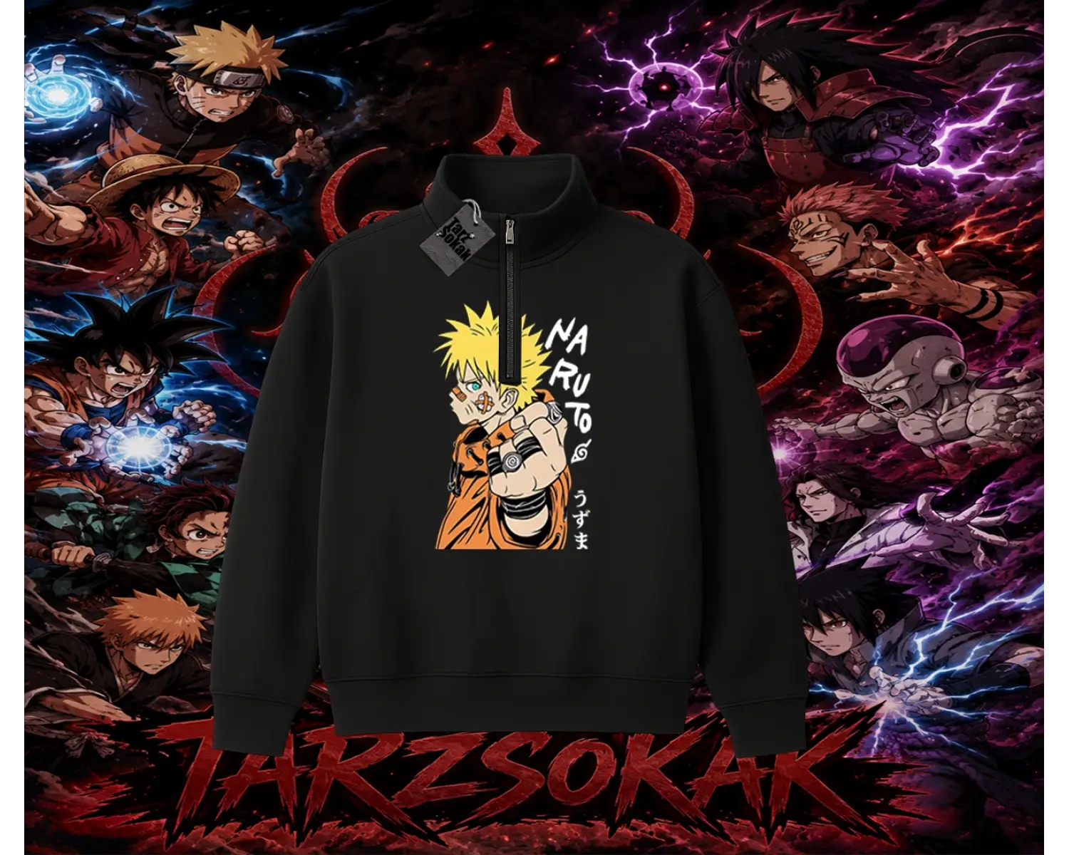 Naruto Uzumaki Premium Anime Unisex Polo Yaka Yarım Fermuarlı Sweatshirt Beyaz